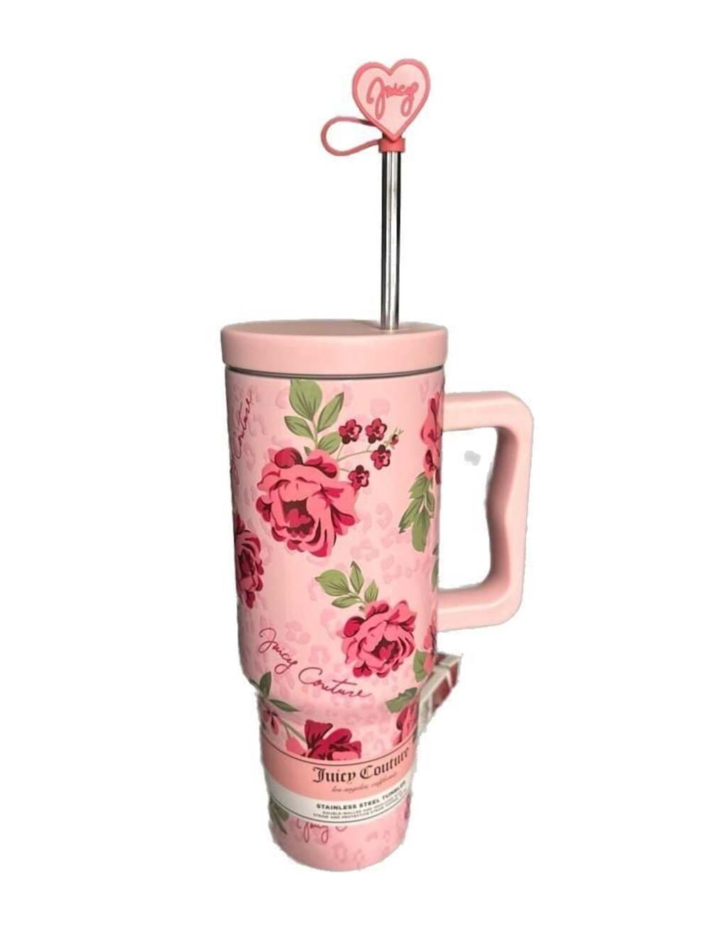 Juicy Couture 40oz Tumbler Pink Roses Leopard Print w Heart Topper